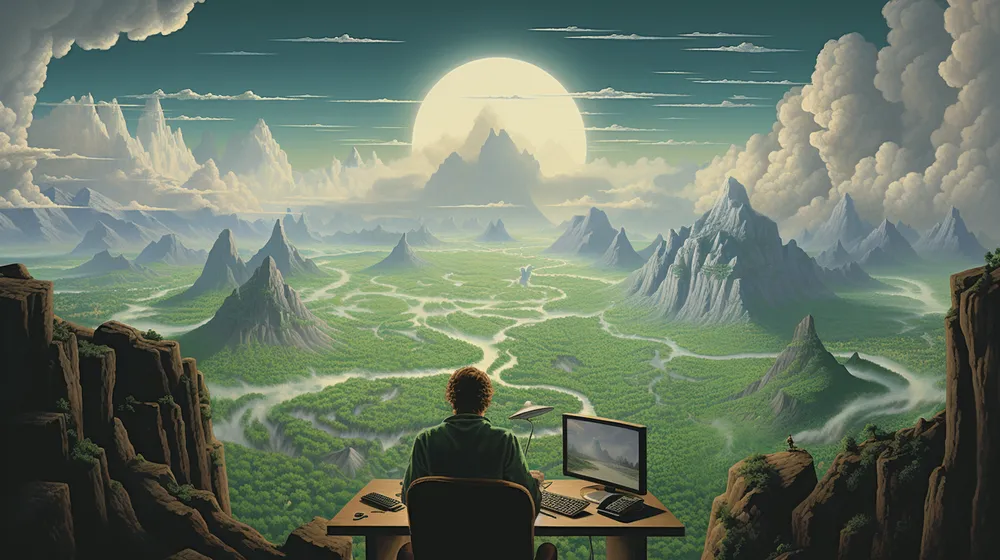 man sitting at desk in front of a landscape of rivers leading to a mountain range