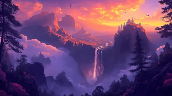Landscape Sunrise Waterfall