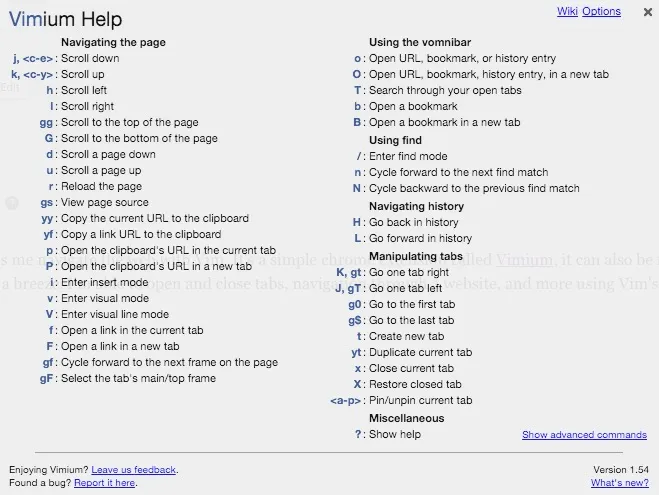 Vimium help screen